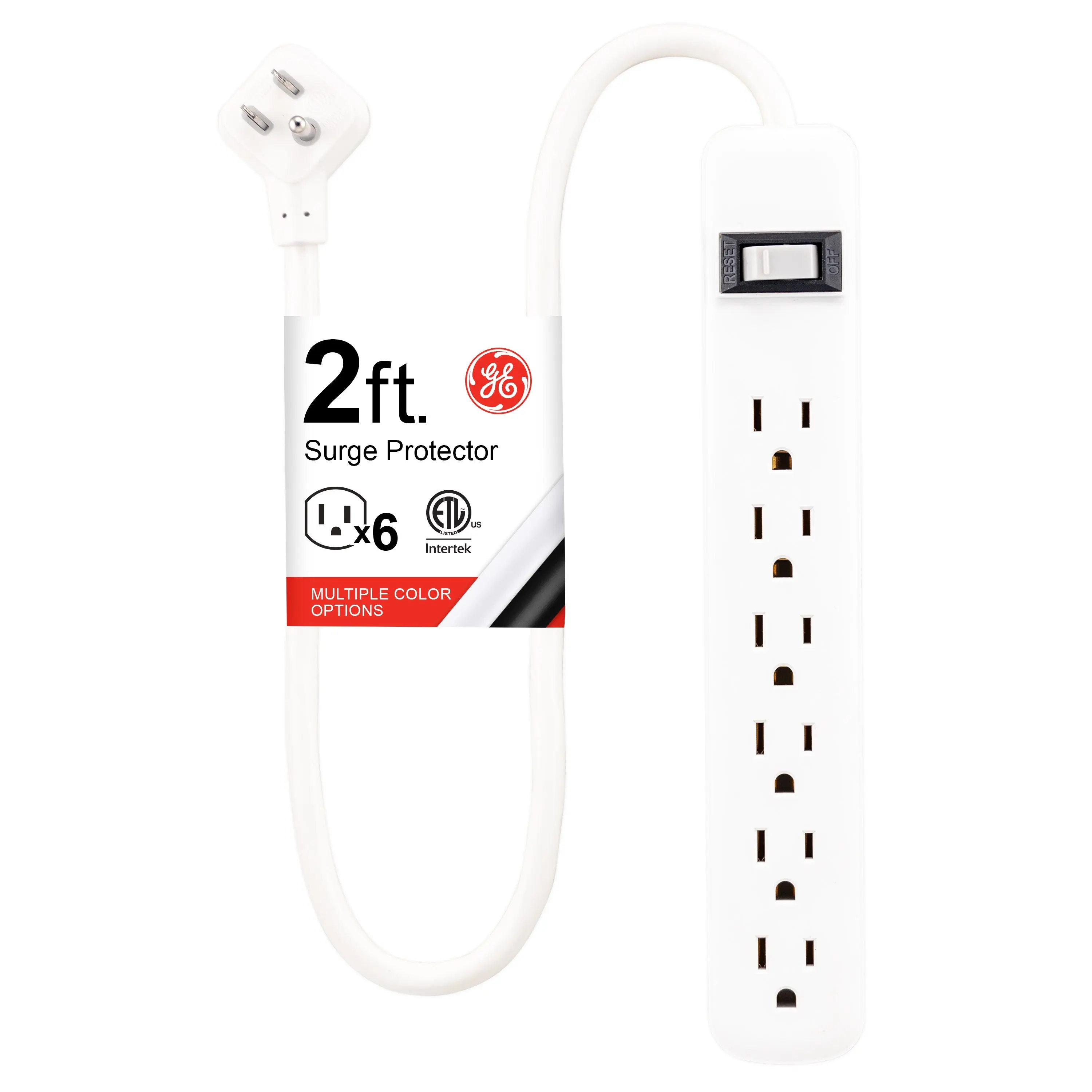 GE Lighting Surge-Safe 6-Outlet 2ft Surge Protector - Twist-to-Close Safety Covers, White - Wall-Mount Compatible Audio & Video Accessory for Device Protection, Six Protected Outlets
