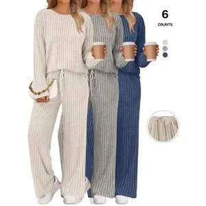WomensLoungeSets2PieceMatchingPajamasFallFashion2025RibbedKnitOutfitsLongSleeveCasualSweatsuitsGift