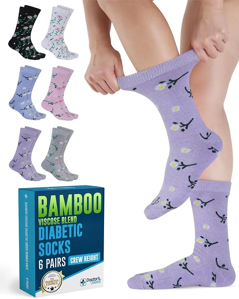 Doctor's Select 6 Pairs Diabetic Socks for Women, Bamboo Viscose Crew Style with Smooth Toe, Ultra-Stretch Non-Binding Top for Comfortable Fits, Neuropathy Relief, Large, Crew Height, Six Pairs