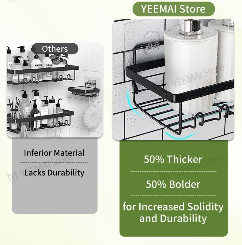 Shower Caddy Shelf Organizer Rack, Self Adhesive Black Bathroom Shelves Basket, Home Farmhouse Wall Shower Inside Organization and Storage Decor, Home Items Accessories, Moforoco Hanging Kitchen&Skincare&Cosmetic Organisers, Hollow Bathroom Rack Shelf