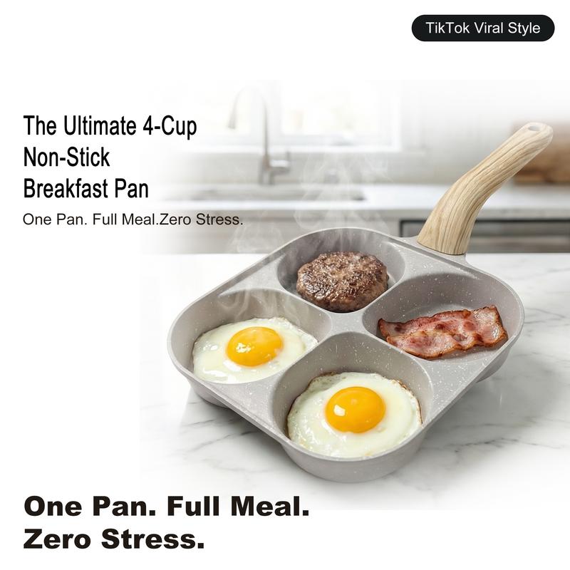 Non-stick 4-Hole Egg Frying Pan with Wooden Handle Granite-Style Breakfast Skillet for Eggs Omelets Toast Pancakes & Crepes Easy-Clean Multifunctional Kitchen Gadget Compact Gift Idea Cookware Aluminium