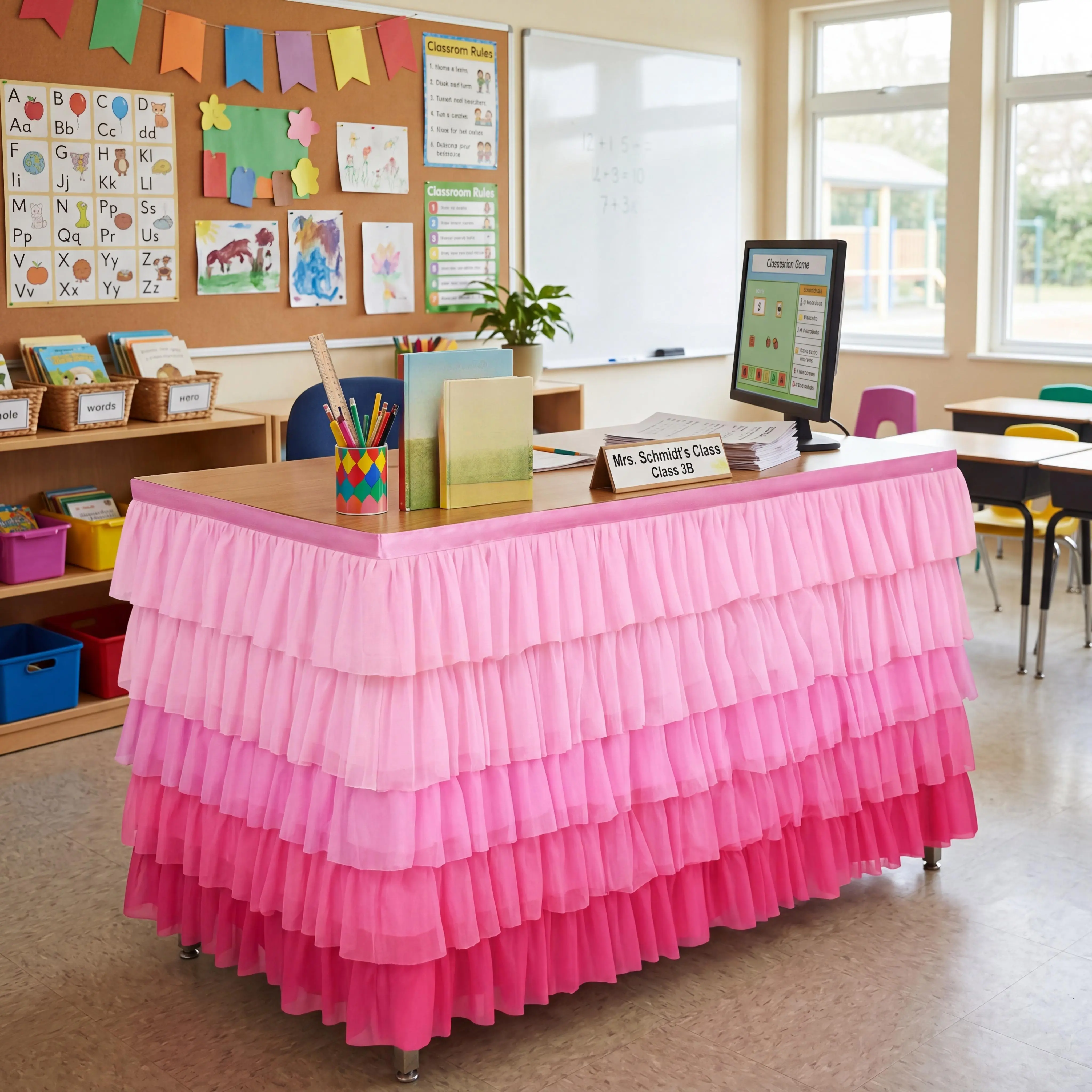 Teacher Desk Skirt with Pink Pastel Ruffled Boho Rainbow Design, Back to School Desk Cover for Hiding Clutter, Ideal for Counselor Desks, Standing Desks, Meet the Teacher Night, First Day of School Teacher Office Decor