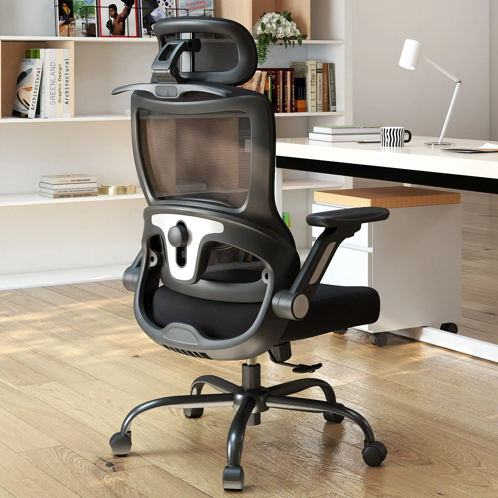 Keratee High Back Mesh Office Chair, 400lbs Big and Tall Ergonomic Desk Chair with 3D Adjustable Headrest, Adjustable Lumbar Support, 4D Flip-Up Armrests, Breathable Computer Chair for Home Office