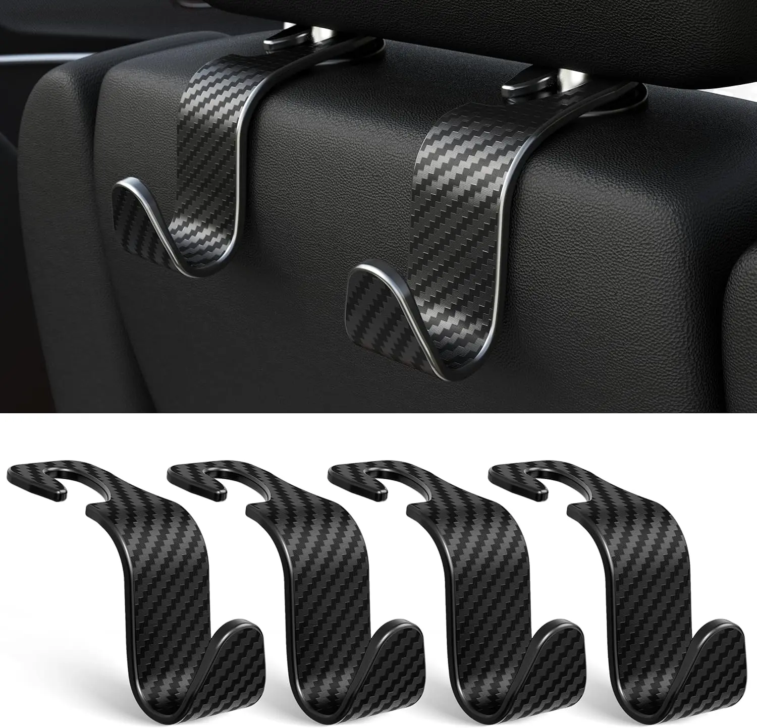 4-Pack Car Headrest Vehicle Organizer for Purses Handbags Groceries –Holds 55lbs 360° Rotating Simple Black Checkered.