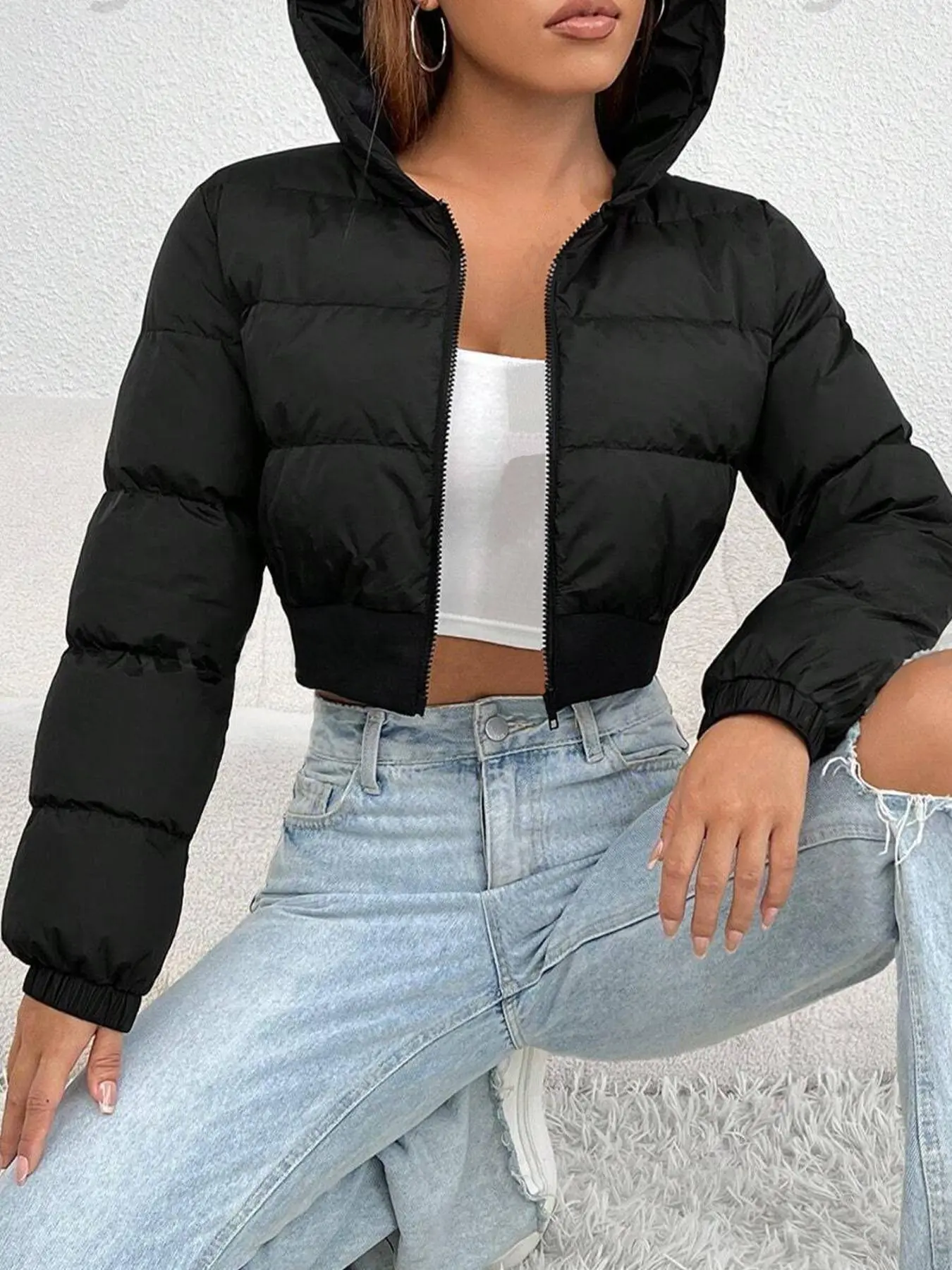 Women's Solid Woven Zipper Up Crop Winter Hooded Coat Jackets, Casual Fashionable Long Sleeve Outerwear for Daily Outdoor Wear, Womenswear for Fall & Winter