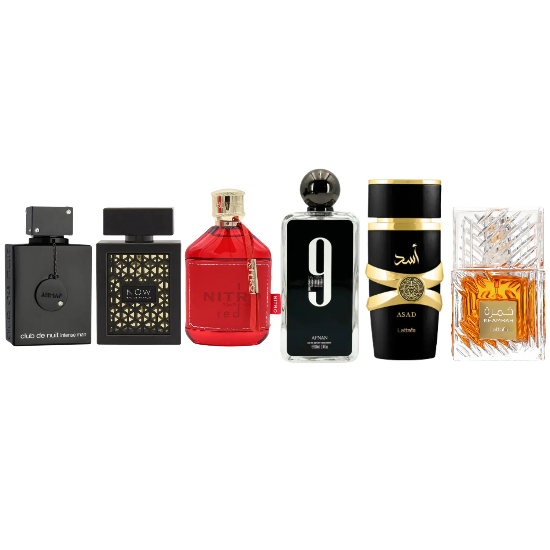 Sterling Parfums Multi-Pack Arabian Fragrance Set - Armaf Intense EDT 3.6oz, Lattafa Rave Asad Khamrah EDP 3.4oz, Nitro Red Afnan 9 PM EDP, Aromatic Woody Aroma Eau De Parfum Boxed Perfume Set
