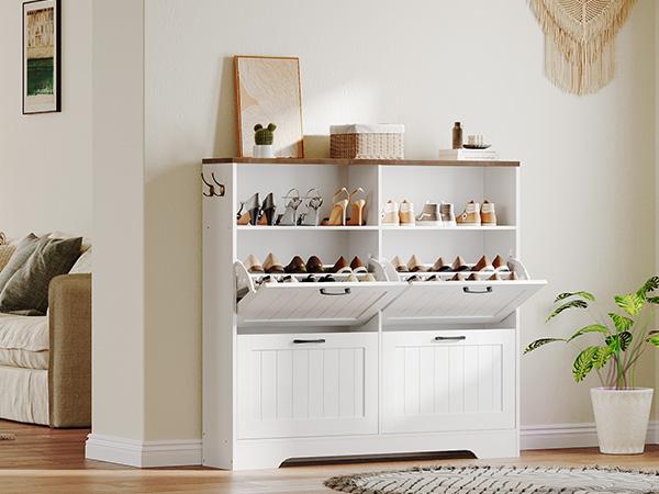 MAHANCRIS Farmhouse Shoe Cabinet with 4 Flip Drawers, Entryway Shoe Cabinet, Hidden Shoe Organizer, Narrow Shoe Cabinet with Compartments and Hooks, for Entryway, Hallway, White and Walnut