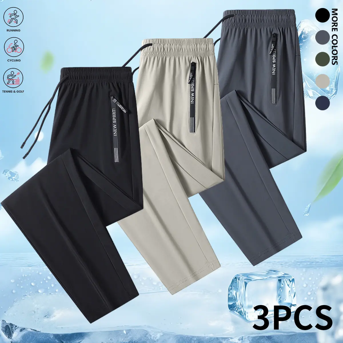 Men’s 3-Pack Stretch Ice Silk Basics Stretch Pants, Drawstring Elastic Waistband, Breathable Quick-Drying Athleisure Bottoms for Gym Training, Running, M