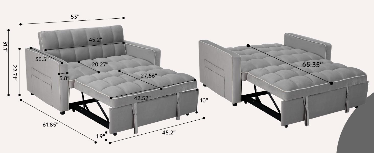 [SpringStatements] EBELLO Velvet Convertible Pull Out Sofa Bed, 3-in-1 Loveseat Sleeper with Adjustable Backrest, Modern Futon Couch with 2 Pockets, Small Love Seat Sofas for Living Room, Bedroom, Apartment, Off White