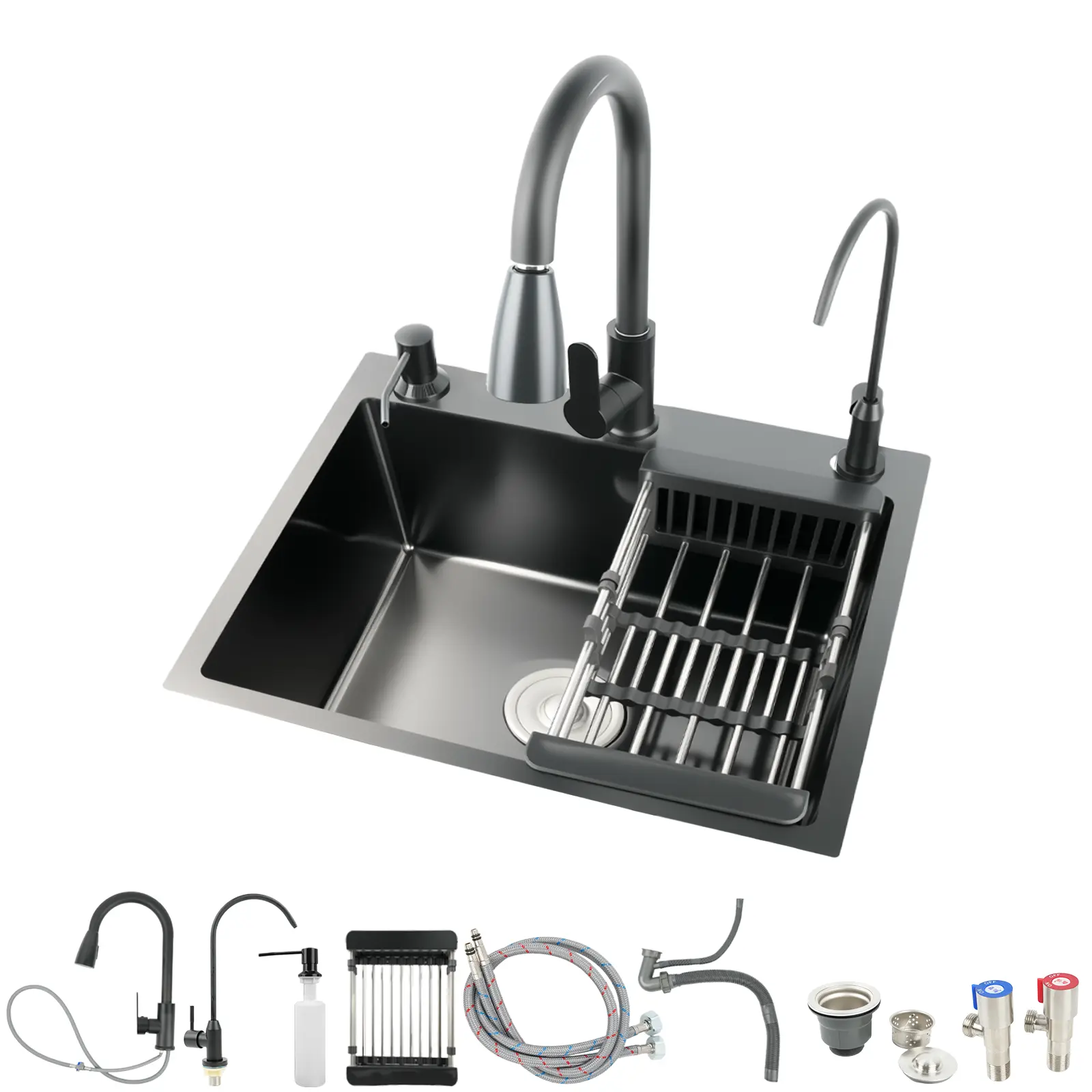 19.7 x 17.7 Inch Kitchen Sink, T201 Stainless Steel Workstation Sink  Single Bowl In/Topmount Basin with Pull-Down Faucet and Multiple Accessories for Modern Kitchens and Farmhouse Use, Black