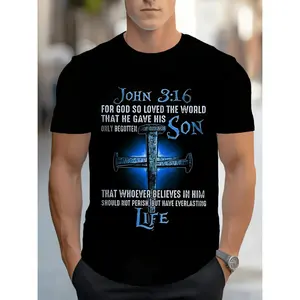 Men's Plus Size Cross of Jesus Christ Graphic T shirt with "For God So Loved the World" Scripture Print Casual Crew Neck Short Sleeve Regular Fit Everyday T shirt Bold Print Style Stretch Fabric