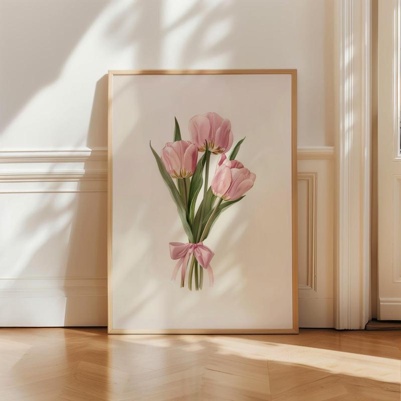 Coquette Tulips Bouquet Print, Pink Girly Aesthetic Wall Art, Y2K Cute Coquette Decor, Blush Pink Bow Poster, 5 Size, 8x12 to 27x40 inch, Room Decor, Unframed
