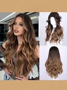 28 Inch Long Ombre Brown Curly Wig for Women – Soft Synthetic Body Wave Wig, Heat Resistant, Natural Everyday Glam Look