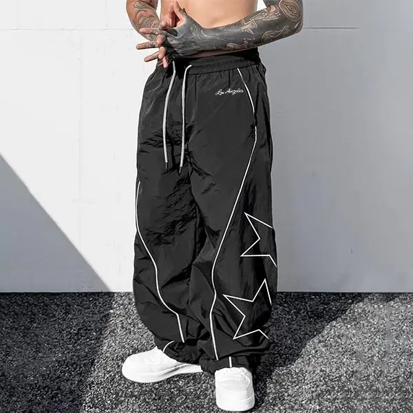 Men's Printed Loose Fit Wide Leg Pants - White star and letter print, contrast stitching, casual street style, soft fabric, everyday outfit with perfect fit