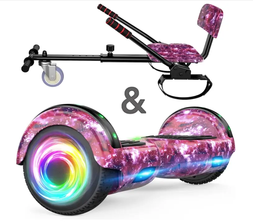 SISIGAD 6.5'' Fun Self-Balancing Hoverboard with Adjustable Comfortable Seat Attachment, Metal Frame Go Kart, Bluetooth Speaker & LED Lights, Star Purple Sports Scooter Combo, Easy Assembly