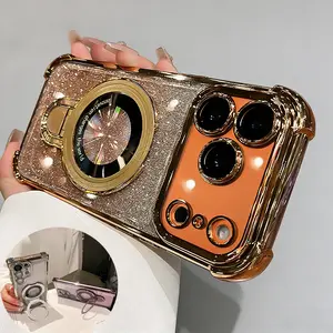 Electroplate Soft TPU iPhone 17 Pro Max Case with Glitter Piece DIY Bracket Stand Four Airbag Corners for iPhone 17 Air XS Plus 11-16 Promax Shinny Gifts in Love for Girls Women Wife Mom