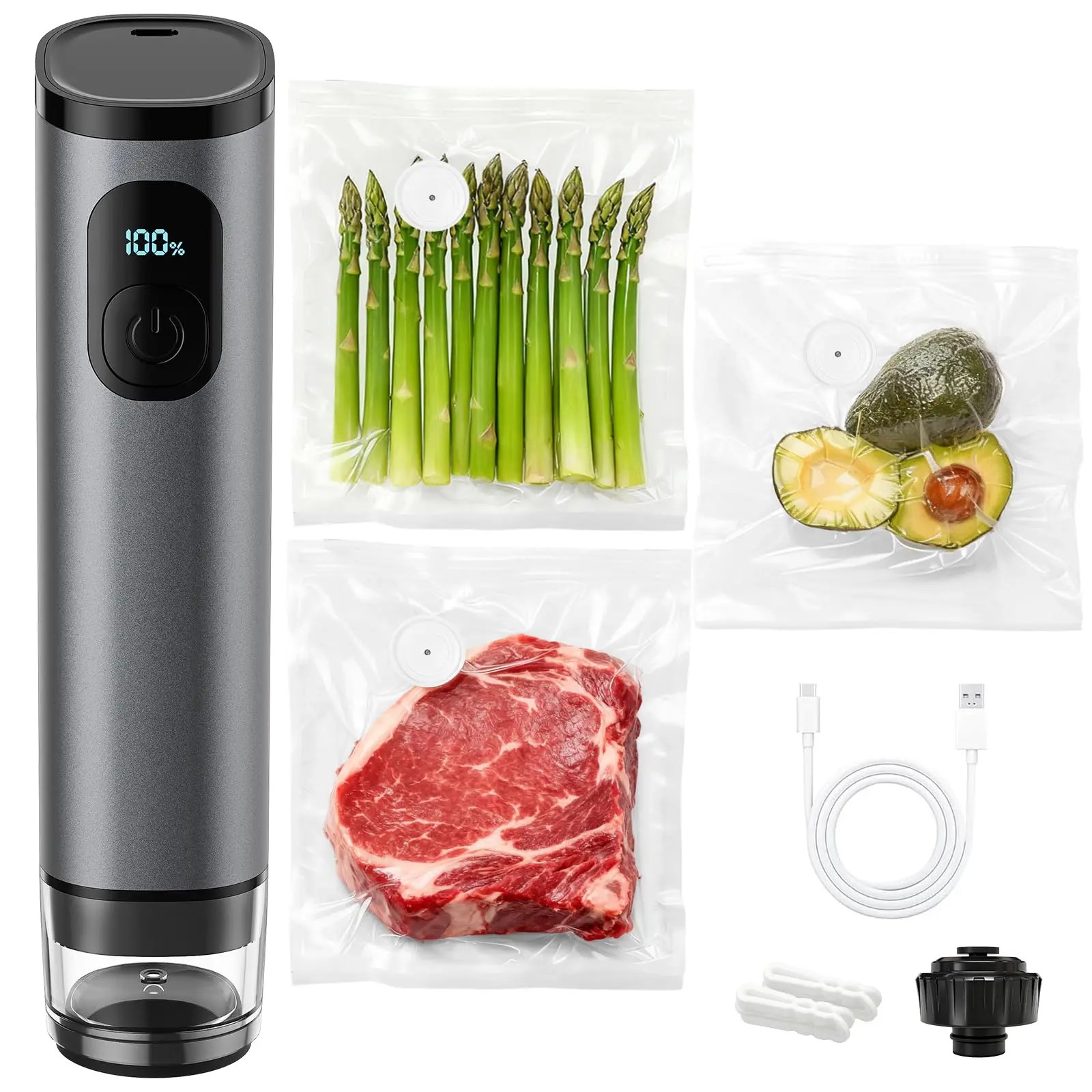 GVODE Premium Metal Body Vacuum Packing Machine, Compact Handheld Food Preserver with 60kPa Suction, Power Display, Detachable Tank, 30 Reusable Bags & Wine Stopper - Gray/Silver