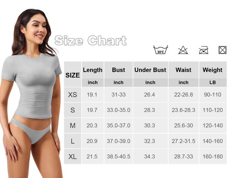 YEOREO Women Fitted Workout Tops Short Sleeve Double Lined Basic Y2K Going Out Crew Neck Compression Crop Top