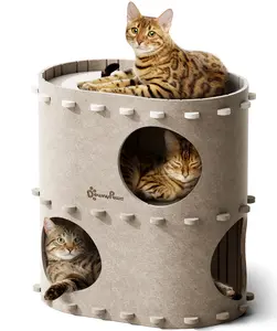 DownyPaws Cat House for Indoor Cats 2-Storey Foldable Cat Bed Cave Multi-Cat Castle with Scratch Resistant Felt Tunnel Condo for Play & Relaxation