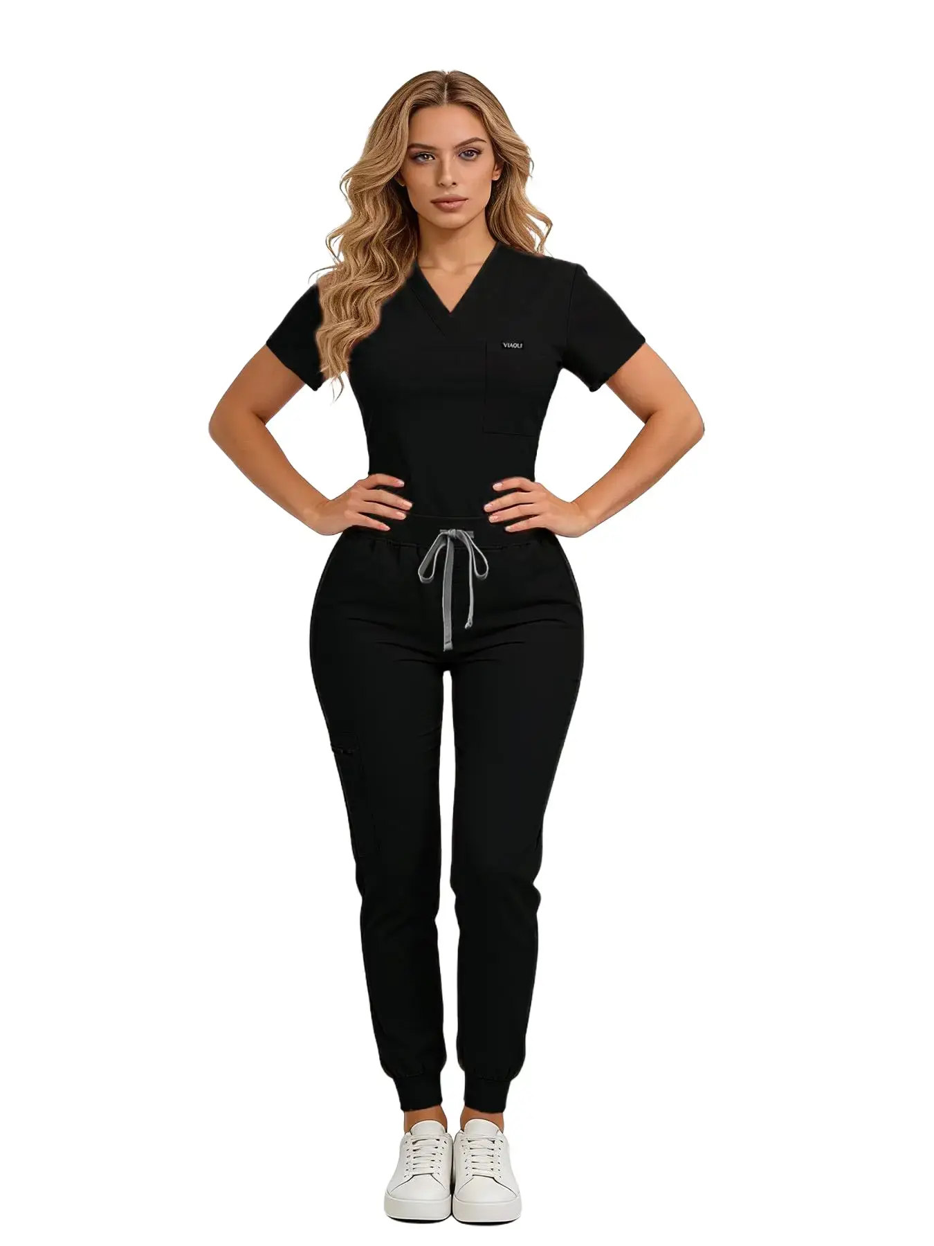 Women’s Scrub Set with Jogger Pants: Soft and breathable fabric, divided pockets with zipper, stretch opaque design, multiple colors available, work uniform suitable for dental clinics and many other scenarios.