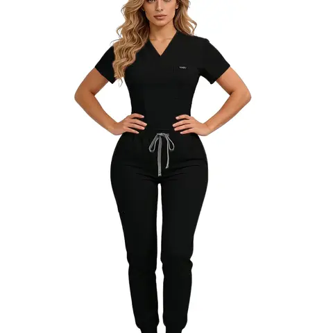 Women’s cleaning set paired with compression pants: soft, breathable fabric, zippered separate pockets, slight stretch, and a light-blocking design, available in multiple colors, suitable for dental clinics and other various work environments.