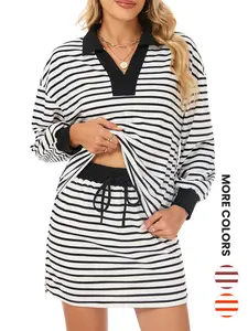 ASWULK Women's Striped 2 Piece Outfit Casual Sweatshirt Skirt Set Long Sleeve Skort Workout Set Matching Lounge Sets Machine Washable