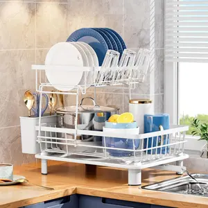Compact Kitchen Drying Rack 2 Layer Detachable Dish Rack with Drip Board Cutlery Holder Small Space Saving White Finish Double Tiers Utensils