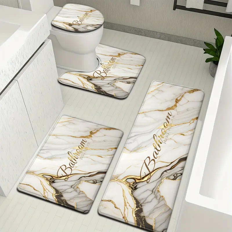 3/4 Piece Lightweight Thin Flannel 2D Flat Digital Printed Set,Golden White Marble Pattern Printed Bathroom Mat Set, Non-Slip U-Shaped Toilet Mat, Floor Rugs for Bathroom, Laundry Room & Living Space