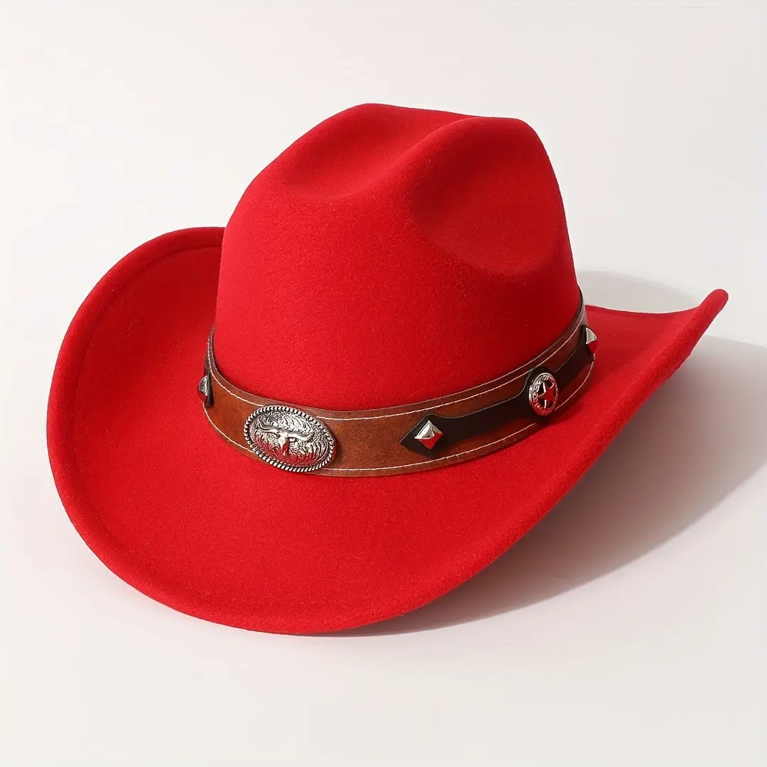 1 Women's Hat - Stylish Solid Color Single-Top Rolled Brim Felt Hat with Brown Wide Belt and Silver Metal Bull Head Logo. Unique Wide-Brim Rolled Brim Felt Hat, Outdoor Western Cowboy Hat, Unisex Versatile Style.