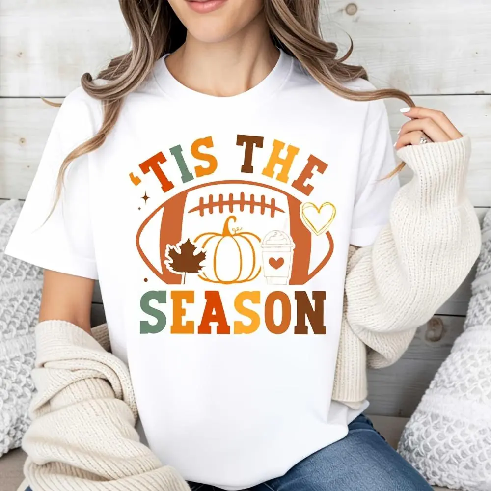 Tis The Season Football Pumpkin Leaf Print, Raglan Long-Sleeved T-Shirt, Fall Thanksgiving Game Day Festival, Casual Autumn Outdoor Wear