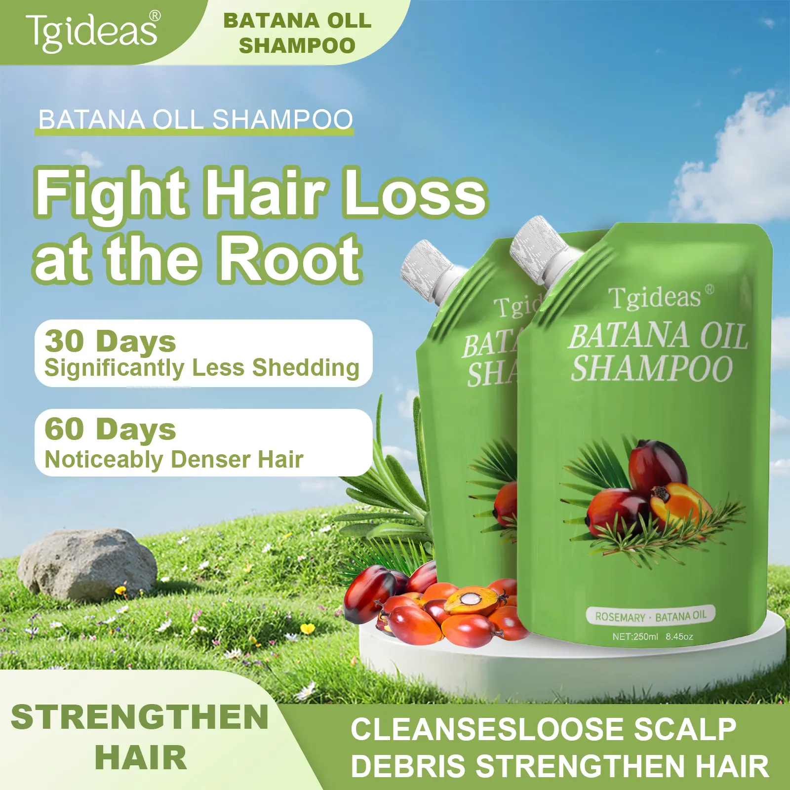 Tgideas Rosemary Batana Oil Shampoo - Promotes hair growth, strengthens hair strands, cleanses hair, contains natural extracts to care for hair, daily hair care 250ml (8.45oz).