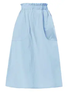 INSPIRE CHIC Women's Casual Cotton Skirt Elastic Waist Scrub Peasant A-Line Midi Skirts with Pockets Light Blue