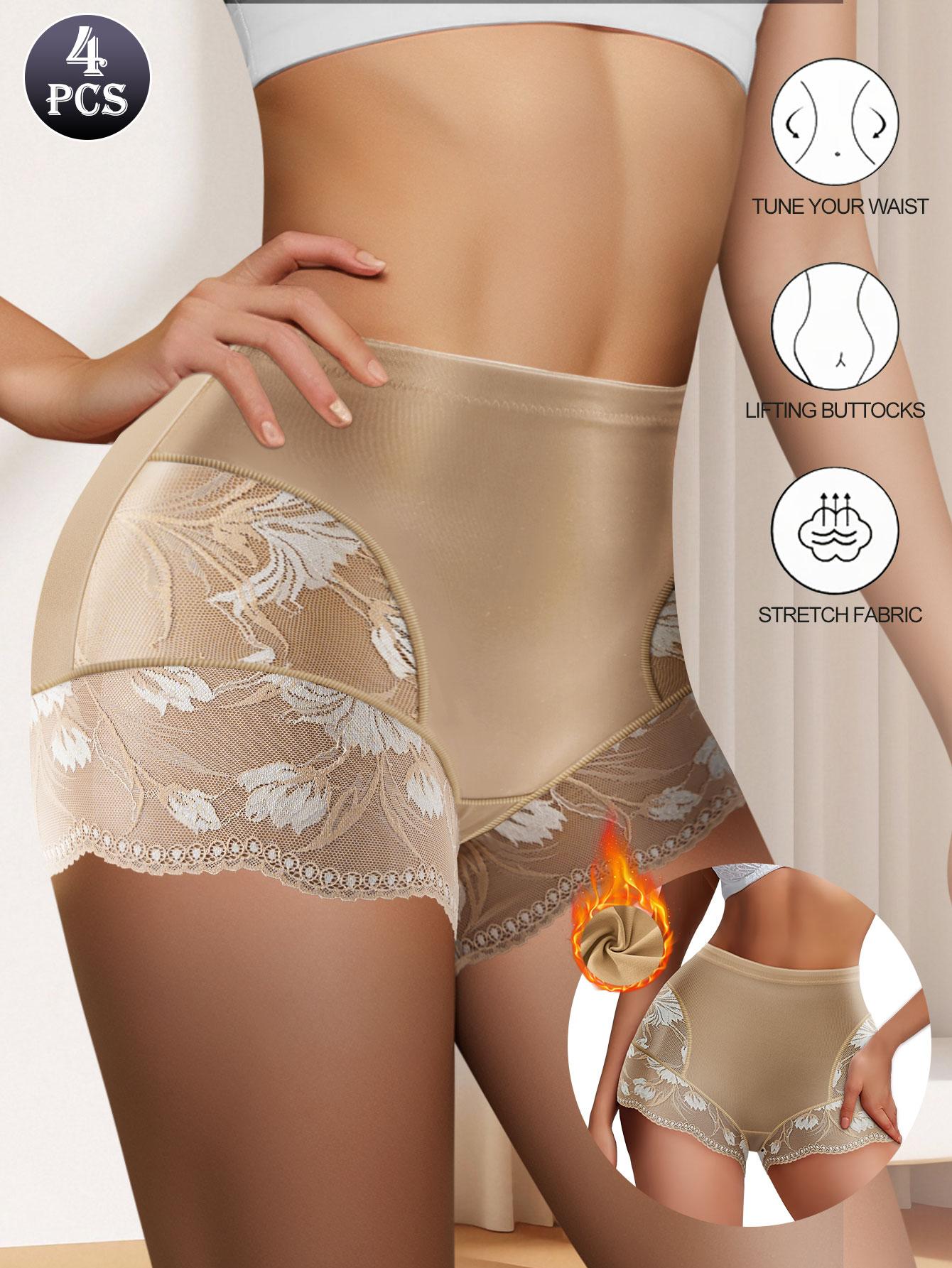 QUASTI 4PCS High-Waisted Glossy Fabric Lace Patchwork Women's Underwear, Soft Seamless Breathable Panties, Elegant Sexy Tummy Control Briefs, S-XXL SpringStatements