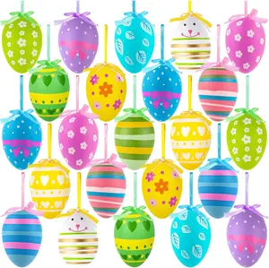 24 Pcs Easter Hanging Eggs, Multicolored Plastic Easter Egg Hanging Ornaments, Decorative Hand Painted Ball DIY Crafts Tree Ornaments for Decoration, Random Styles