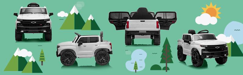 GARVEE 12V Battery-Powered Ride-On Car - Licensed Chevrolet Silverado GMC Truck for Toddlers with Remote Control, MP3/Bluetooth, Spring Suspension, LED Lights, Available in Black, White, Pink, and Red.