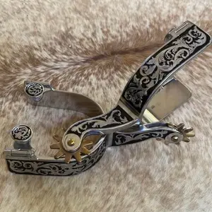 Pair Adult Size Stainless Steel Western Spurs Engraved Scrollwork over Black Inlay