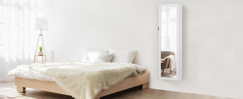 HomeSquad Full-Length Mirror Jewelry Cabinet, Wall or Door Mount, Organizer Armoire with Built-in Makeup Mirror, Lockable Storage with 2 Drawers