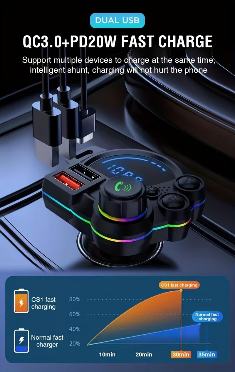 Bluetooth 5.3 Car Adapter Charger 4-Port Fast Charging PD36W QC3.0 18W Wireless FM Transmitter Deep Bass LED Backlit Hands-Free Calling USB Drive Support