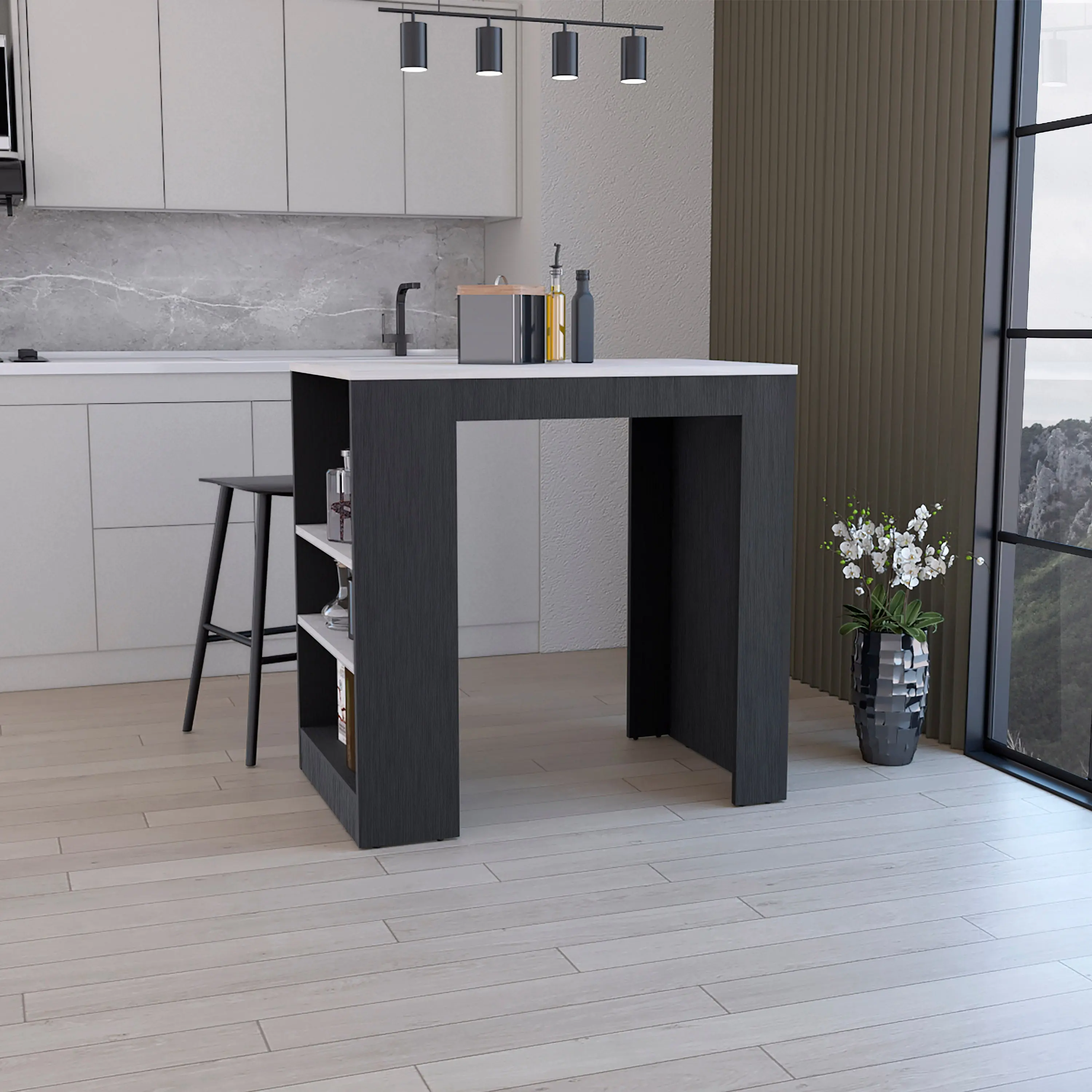 Dreamzon Furniture 36"H Modern Indoor Kitchen Island - 3-Side Shelves, Storage Organizer, Space-Saving Home Bar Table, White Wengue/Black-Ibiza Marble Finish