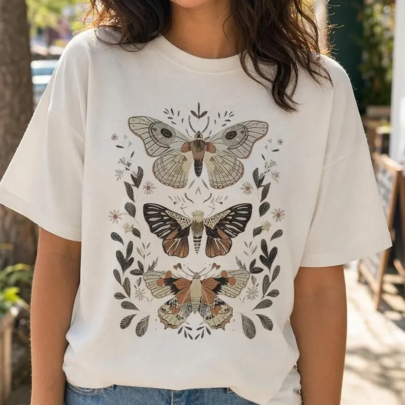 Vintage Moth Shirt Women Boho Botanical Graphic Tee Butterfly Top