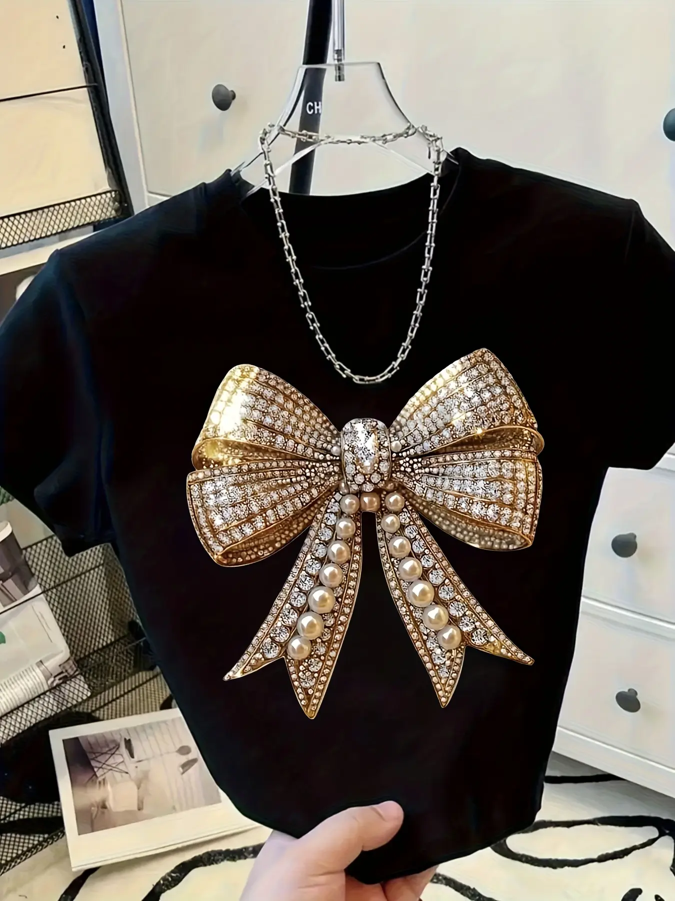 Women's Shiny Golden Bow and Crystal Decorated T-Shirt- Sparkling Rhinestone Embellished Round Neck Short Sleeve Top, Machine Washable Casual Party Wear, Suitable for Daily Wear and Special Occasions, Black and Golden Statement Piece, Features Large