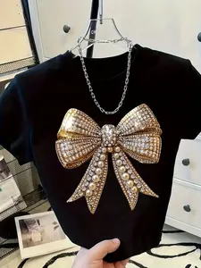 Women's Shiny Golden Bow and Crystal Decorated T-Shirt- Sparkling Rhinestone Embellished Round Neck Short Sleeve Top, Machine Washable Casual Party Wear, Suitable for Daily Wear and Special Occasions, Black and Golden Statement Piece, Features Large