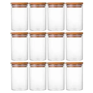 12 Pack Glass Spice Jars with Bamboo Lids Round Spice Containers with Label Stickers