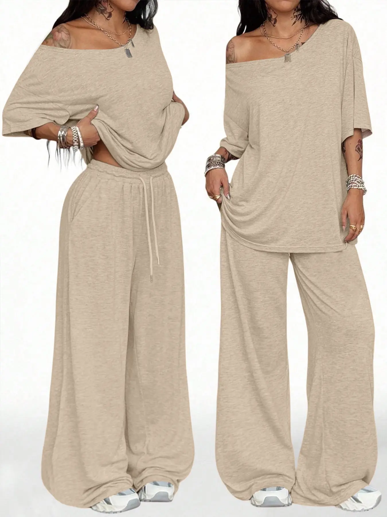Spring Women's Casual Solid Color Sport Two-Piece Set, Short Sleeve Top & Loose Long Drawstring Wide Leg Pants, Slant Neck Pants, Comfortable and Stylish, Casual Sportswear Set, Casual Sporty Set