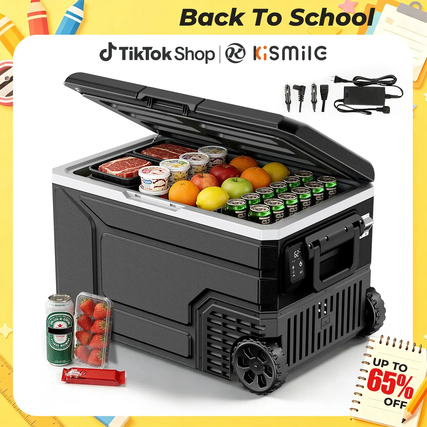 Back To School — Kismile Large Size 12V Portable Refrigerator Beverage Cooler-42/53/68QT, Dual-Voltage 12V/24V DC, 2 Power Supplies, Switchable Dual Mode, Intuitive Display, -4°F to 68°F Freezer, Adjustable Wheels Handle for Car Camping, 4°F‑68°F Set Temp