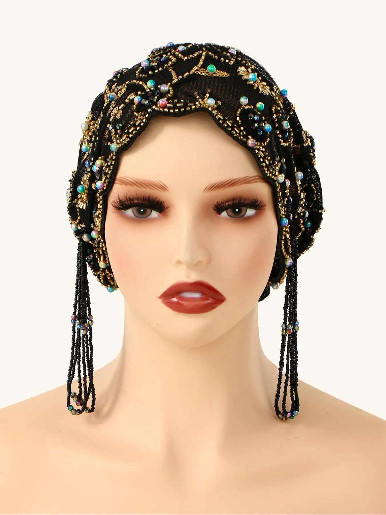 Women's Geometric Print Lace Beaded Fashion Headscarf Hat, Boho Style Scarf, Bohemian Satin Lined Hijab, Adjustable Ankara Chemotherapy Cap, Jersey Hijabs for Various Occasions, Turban Wrap
