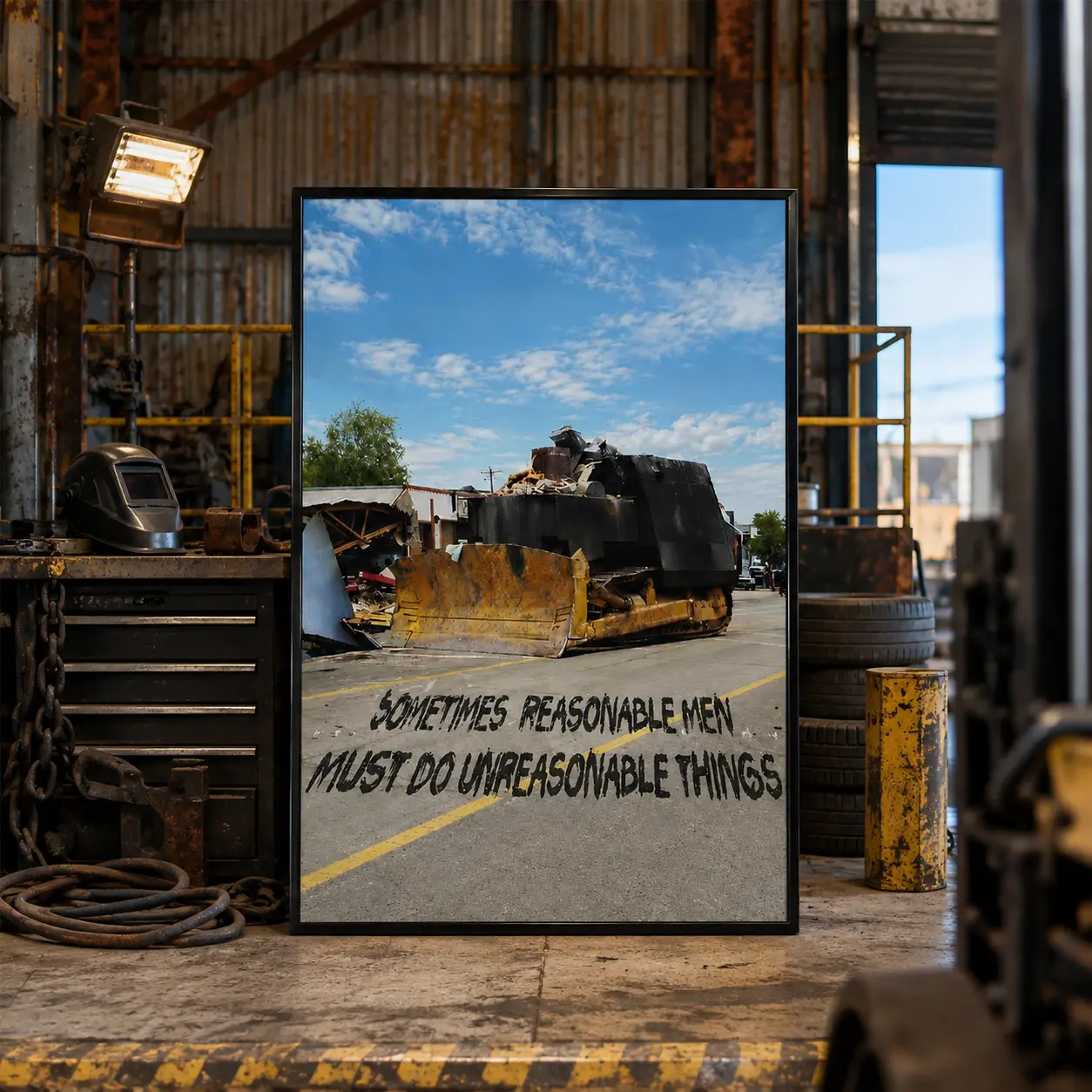 Industrial Bulldozer Inspirational Quote Canvas Wall Art, Construction Machinery Motivational Poster, Rustic Aesthetic Wall Decor for Man Cave Workshop Office Garage Decoration