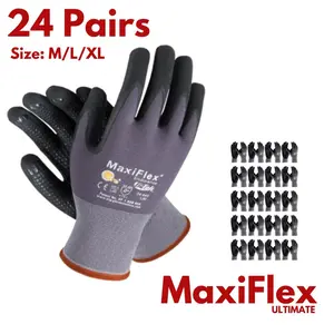 12/24 Pairs MaxiFlex Ultimate Pro Grip Palm Gloves for Men  | Abrasion-Resistant, Durable Work Gloves for Construction, Warehouse & Gardening | Size M/L/XL