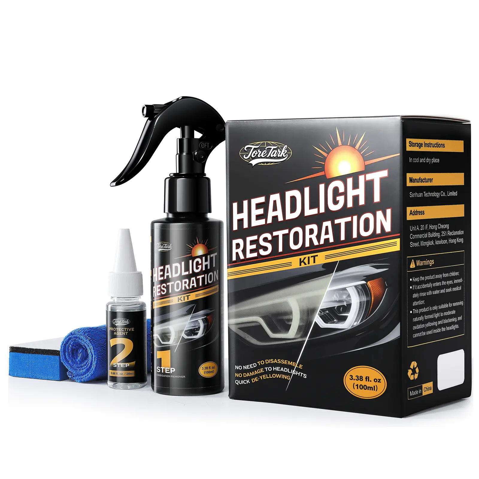 Toretark No-Sand Car Headlight Ceramic Coating Kit ,Repairing Yellowed, Blurry, and Oxidized Headlights (100ML Cleaning Solution + 15ML Ceramic coating)
