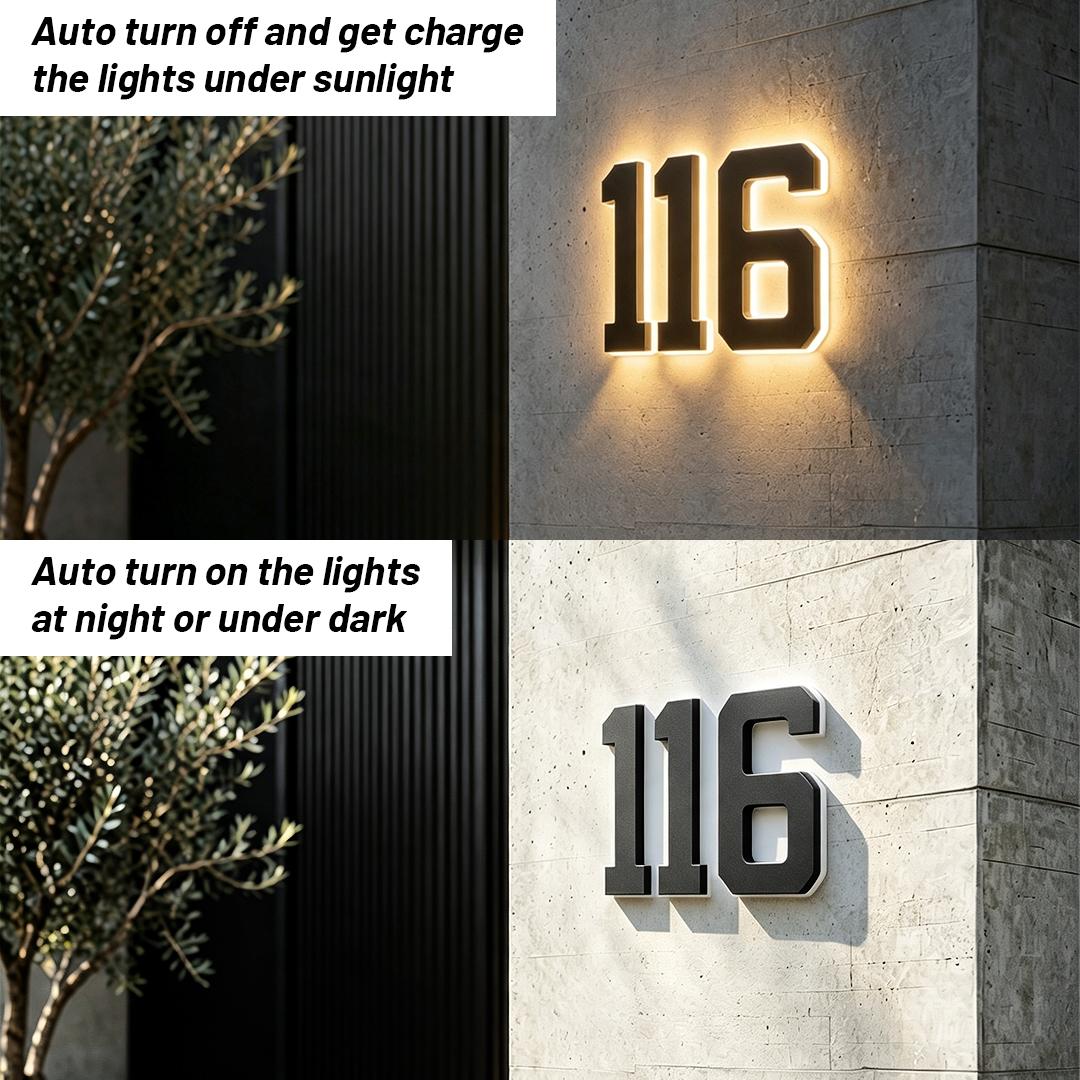 Solar House Numbers for Outside, 6.7 Inch Light Up LED Address Numbers, Waterproof Backlit Modern House Number Sign for Home Mailbox yard garden street garage lighting